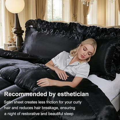 Black King Comforter Set Silk Like Satin Bedding Set Hotel Soft Polyester Black Bed Set Luxury Silky Body Pillow Cover with Quilt Set Ruffle Down Comforter Home Decor