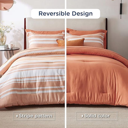 Bedsure Twin Comforter Set 5 Pieces, Burnt Orange Striped Bedding Set for All Seasons, Reversible, Cationic Dyeing Bed in a Bag with Comforter, Sheets, Pillowcase & Sham
