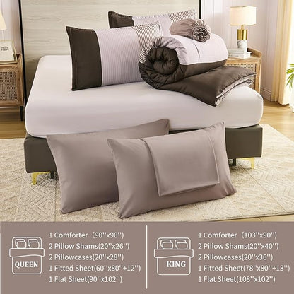 Anibedding King Size Comforter Set 7 Pieces, Chocolate Brown Bedding Set Patchwork Striped Bed in a Bag, Soft Microfiber Comforter Set with Sheets for All Season