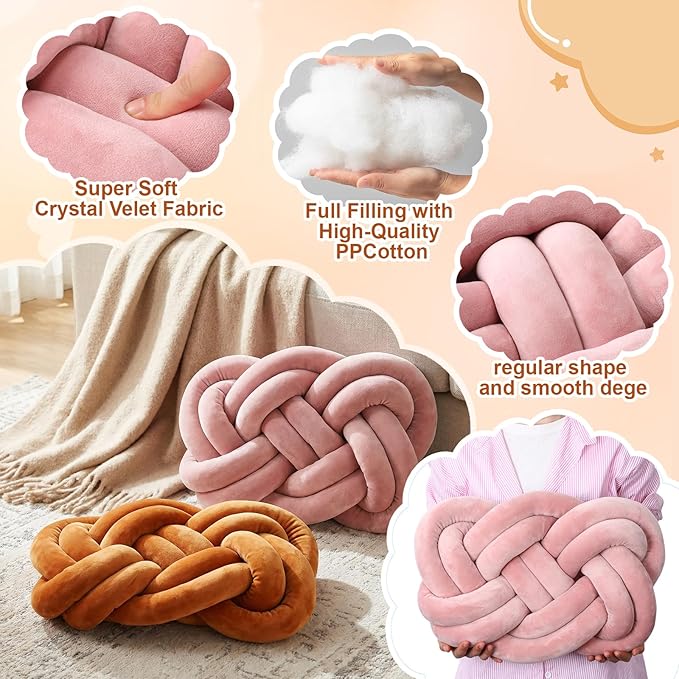 Sintuff Set of 2 Velvet Knot Pillow Ball 14 x 16 Inch Soft Decorative Knotted Throw Pillow for Christmas Thanksgiving Couch Home Sofa Bedroom Decor to Add Comfort and Style(Coffee and Pink)