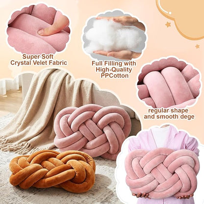 Sintuff Set of 2 Velvet Knot Pillow Ball 14 x 16 Inch Soft Decorative Knotted Throw Pillow for Christmas Thanksgiving Couch Home Sofa Bedroom Decor to Add Comfort and Style(Coffee and Pink)