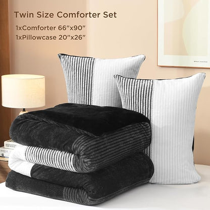 Litanika Fluffy Fleece Twin Comforter Set, Luxury Soft Plush Fuzzy Black & White Stripe Bedding Comforter Sets, Warm Shaggy Faux Fur Bed Set All Season (1 Comforter, 1 Pillowcase)