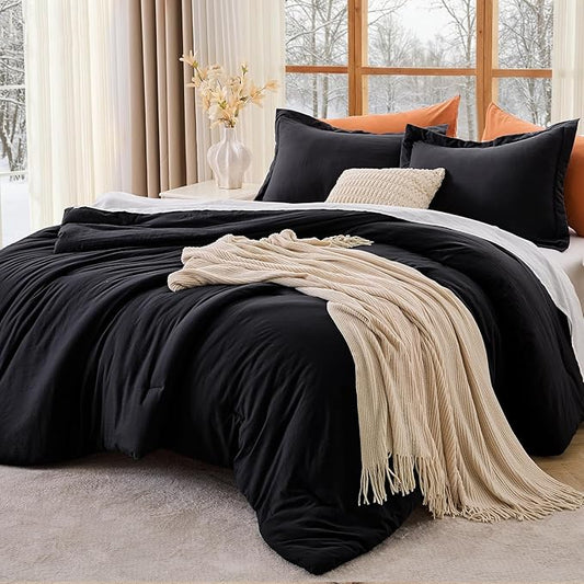 MUXHOMO Black Full Comforter Sets, All Season Ultra Soft Down Alternative Bedding - 3 Piece Lightweight Bed Set Includes 1 Comforter (82"x86") and 2 Pillow Shams (20"x26")
