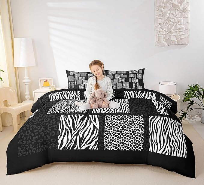 Wildlife Animal Fur Print Comforter Set 7 Pcs,Leopard Cheetah Zebra Skin Comforter Blanket Full,3D Geometric Morden Bedding Sets with Comforter,Flat Sheet,Fitted Sheet,Pillowcases and Pillow Covers