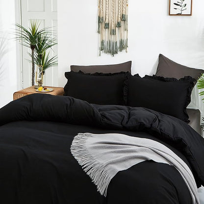 CLOTHKNOW Black Ruffles Full Size Comforter Sets Farmhouse Bedding Comforter Sets Soft Shabby Chic Comforters with 2 x Pillow Cases