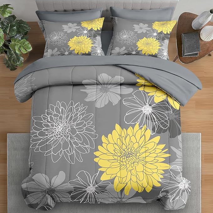 Comforter Set Full Size, Vintage Summer Flower 7 Pcs Bedding for Kids and Adults, Yellow Botanical Floral Bed Sheet Sets with Fitted Sheet 2 Pillowcases & 2 Shams