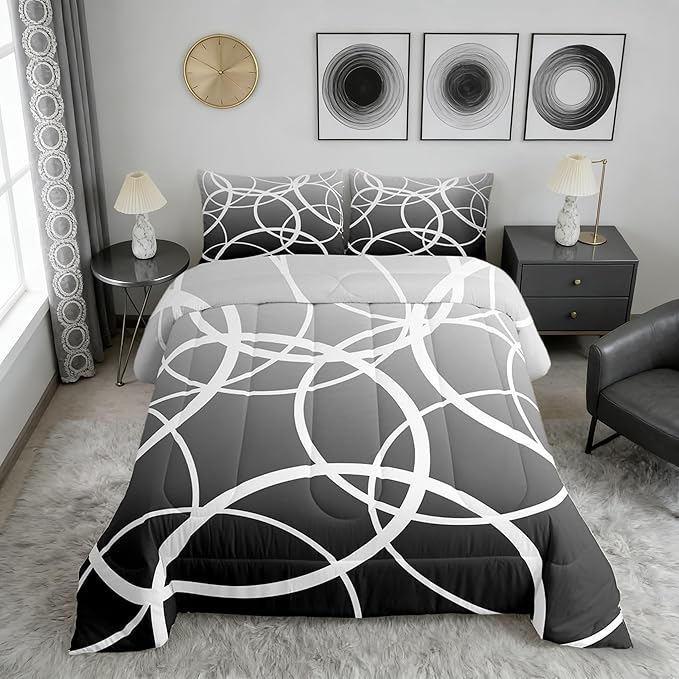 Castle Fairy White Circles Full Size Comforter Set,Modern Bedding Set for Adults Teens,Gray Gradient Comforter Luxury Geometric Watercolor Art Quilt Set Room Decor 3Pcs