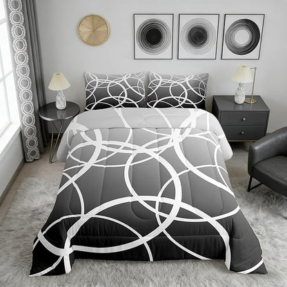 Castle Fairy White Circles Full Size Comforter Set,Modern Bedding Set for Adults Teens,Gray Gradient Comforter Luxury Geometric Watercolor Art Quilt Set Room Decor 3Pcs