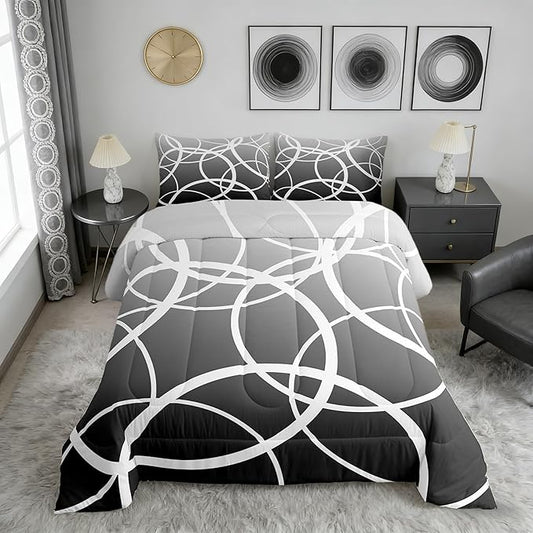 Castle Fairy White Circles Full Size Comforter Set,Modern Bedding Set for Adults Teens,Gray Gradient Comforter Luxury Geometric Watercolor Art Quilt Set Room Decor 3Pcs