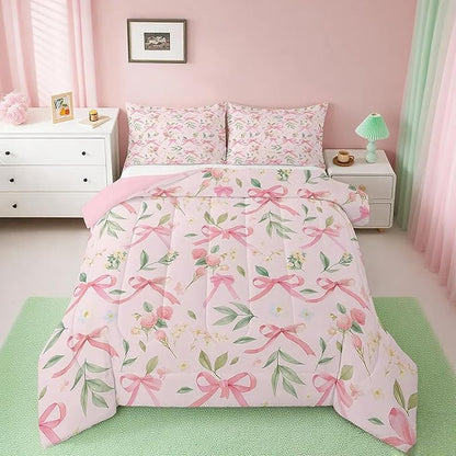 Feelyou Bow Bedding Set Boys Girls Full Size Pink Girls Bow Comforter Set Ultra Soft Cute Bowknot Comforter Floral Flower Duvet Set