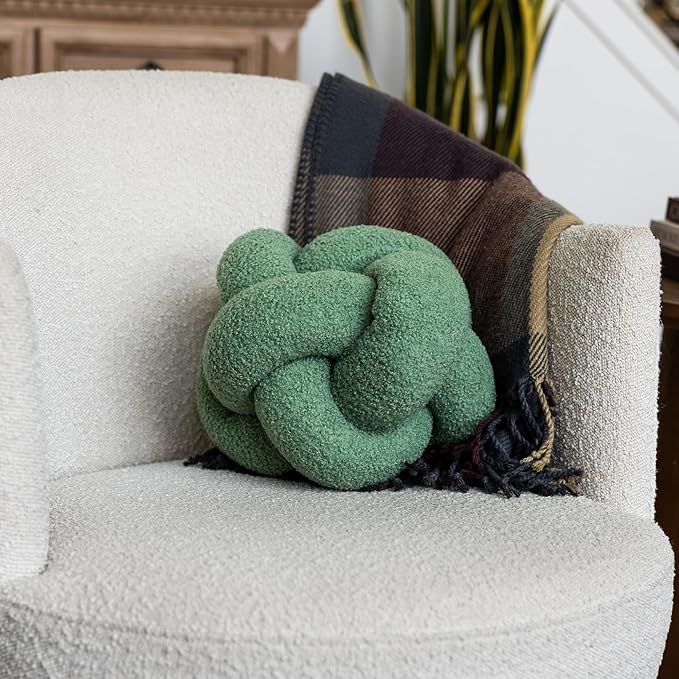 SAMIAH LUXE Sage Green Knot Pillow Ball 12" for Home Decor, Living Room, Teddy Boucle Knotted Decorative Pillow