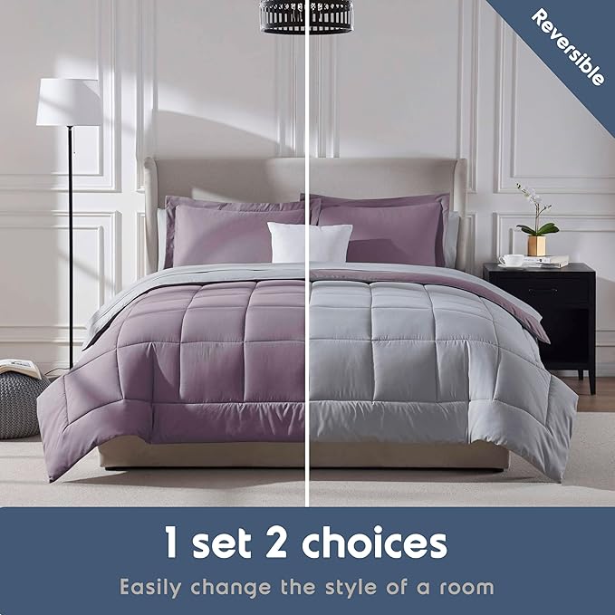 Nestl 7 Piece Queen Comforter Set – Dusty Purple Reversible Bed in a Bag – Complete Queen Size Bedding Set with Sheets, Pillowcases and Shams