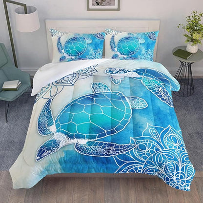 HOSIMA Sea Turtle Comforter Set,Coastal Beach Themed Bedroom Comforter Set Queen Size for Kids Teen Girls Boys Room Decor,Turtle Twin Bed in a Bag for Girls with 2 Pillowcases.
