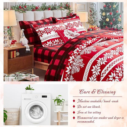 Tititada Christmas Red Bed in a Bag 7 Pcs King Size, Striped Snowflake Pattern Printed Bedding Comforter Set Warm for Winter(1 Comforter, 1 Flat Sheet, 1 Fitted Sheet, 2 Pillow Shams, 2 Pillowcases)