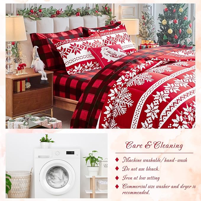 Tititada Christmas Red Bed in a Bag 7 Pcs Queen Size, Striped Snowflake Pattern Printed Bedding Comforter Set Warm for Winter(1 Comforter, 1 Flat Sheet, 1 Fitted Sheet, 2 Pillow Shams, 2 Pillowcases)