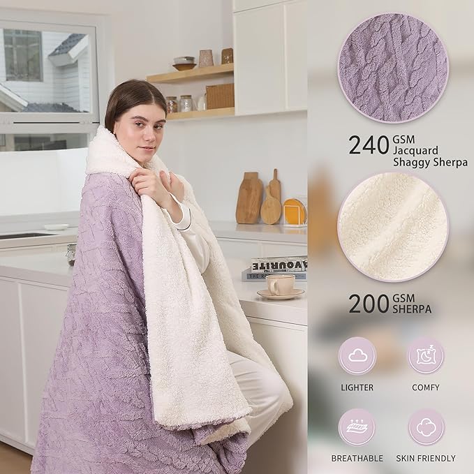 Heated Blanket Electric Throw 50'' x 60'' - Fluffy Ultra Soft Electric Blanket with 3D Stylish Design, 240g Plus 200g Sherpa, 5 Heating Levels and 4 Hours Auto Off, Machine Washable, Lavender Violet