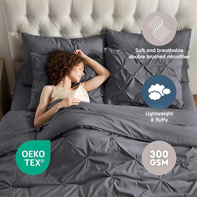 Nestl 7 Piece Comforter Set - Pinch Pleated King Comforter, Dark Grey, All Season King Bed Set, Bedding Set with Flat Sheet, Fitted Sheet, Pillowcases and Shams