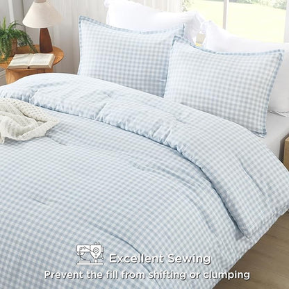 Andency Light Blue Gingham Comforter Set Queen(90x90Inch), Checkered Grid Plaid Buffalo Bed Set for Girls Boys Kids Teens, 3 Pieces Lightweight Microfiber Geometric Preppy Bedding