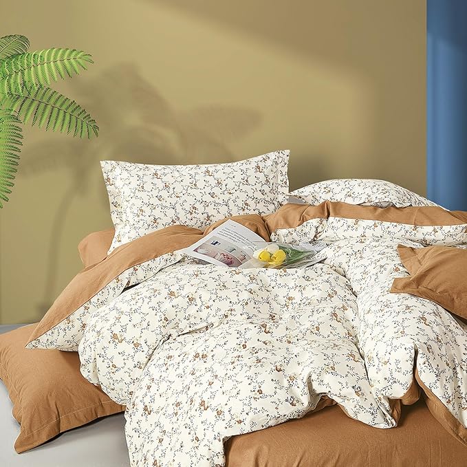Burnt Orange Floral Cotton Comforter King Size - Delicate Tiny Flowers and Gray Branches on White, Textured Rust Back, 3PC Luxurious Lightweight Bedding Set with Ultra-Soft Alternative Fill