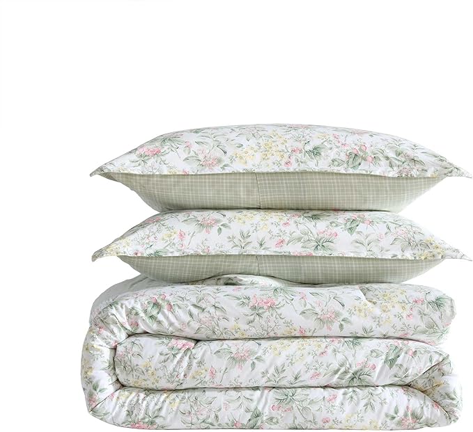 Laura Ashley - Twin Comforter Set, Super Soft Cotton Bedding with Matching Sham, Botanical Design, Vintage Bed Essentials (Bramble Floral Pink, Twin)