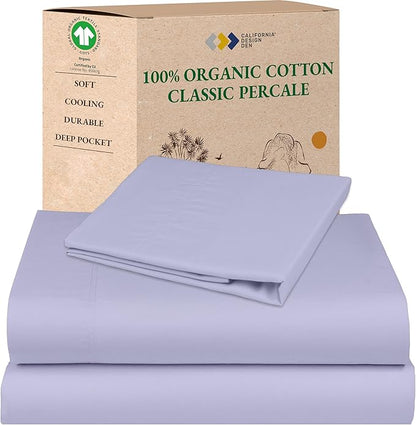 California Design Den Soft 100% Organic Cotton Bed Sheets Twin XL Size Set - Crisp Percale Organic Sheets, Deep Pockets, Durable Bedding Set for Dorms, Hospitals - Lavender Mist