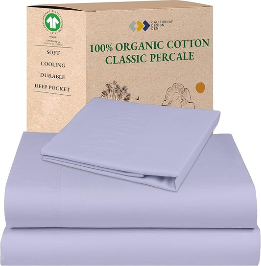 California Design Den Twin Size Bed Sheets Set - Soft 100% Organic Sheets with Deep Pockets, Crisp Percale, Breathable and Durable Organic Cotton Bedding Set - Lavender Mist