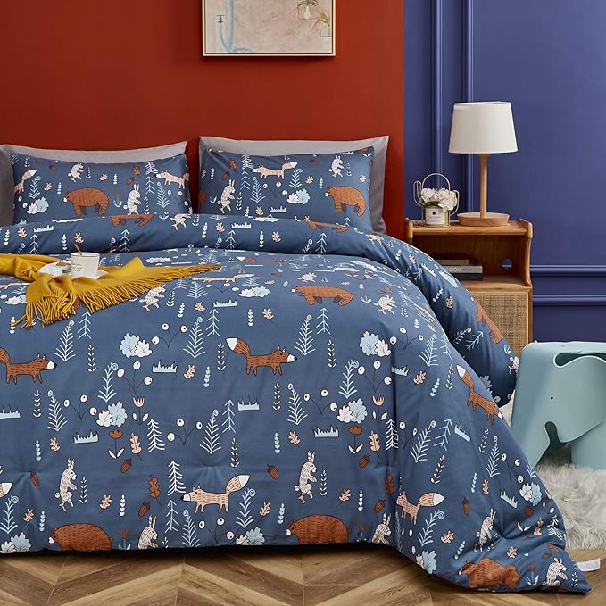 CLOTHKNOW Blue Queen Comforter Set 3Pcs Animal Cartoon Bedding Comforter Sets Kids Forest Fox Rabbit Comforter with 2 x Pillow Cases