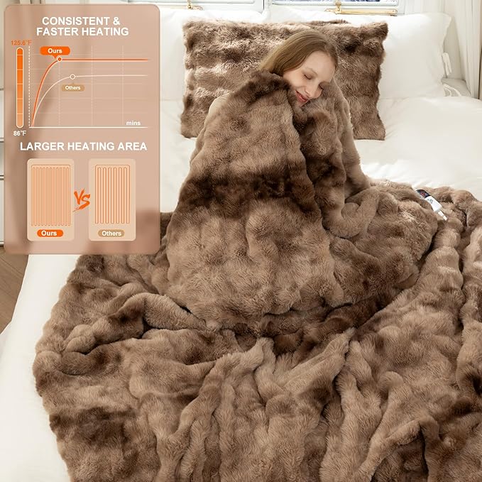 Faux Fur Heated Blanket King Size 100"X90" - Bubble Faux Fur Electric Blanket Fluffy Soft Thick with 6 Heating Levels & 10 hrs Timer Settings, Washable & ETL Certified for Bed, Tie-Dye Brown