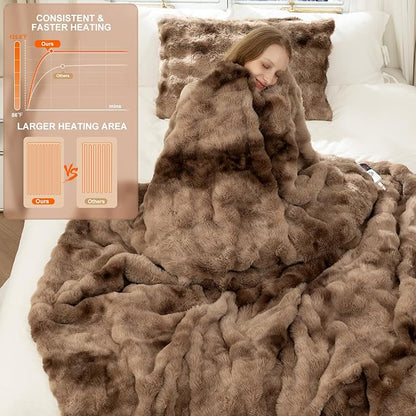 Faux Fur Heated Blanket King Size 100"X90" - Bubble Faux Fur Electric Blanket Fluffy Soft Thick with 6 Heating Levels & 10 hrs Timer Settings, Washable & ETL Certified for Bed, Tie-Dye Brown