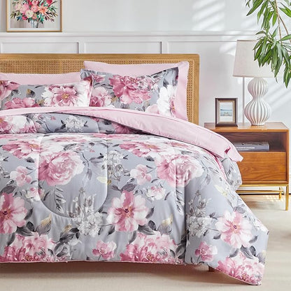 Joyreap 3pcs Floral Comforter Set Twin, Tie-dye Pink Flowers on Gray Design, Microfiber Lightweight Bedding Comforter Set for All Season- 68x88 inches