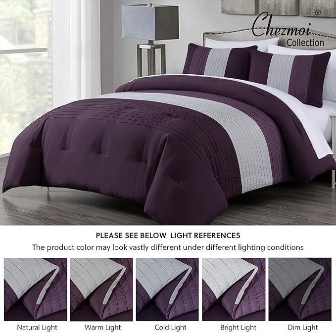 Chezmoi Collection Briar 7-Piece California King Bed in a Bag - All Season Lightweight Microfiber Comforter Set - Includes Sheets & Shams - Purple/Lavender/Gray Pleated Stripe Design
