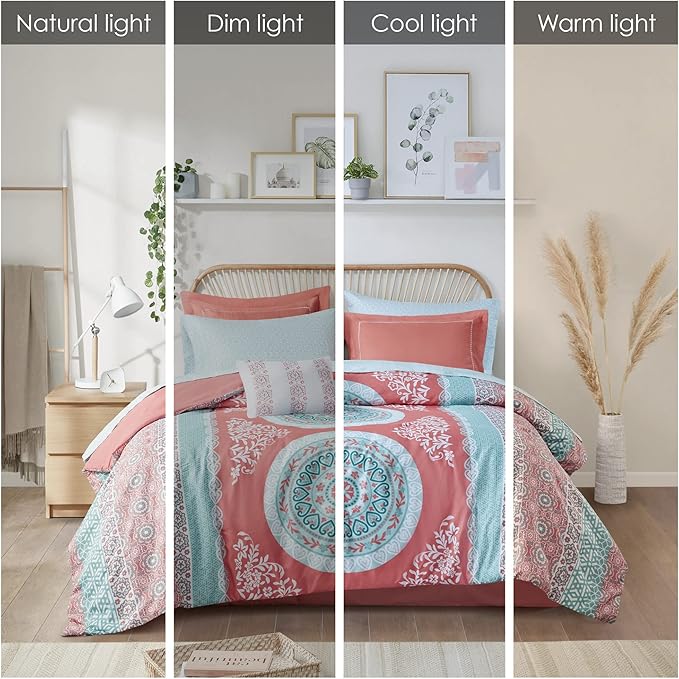 Intelligent Design Complete Bed In A Bag Casual Boho Comforter with Sheet Set Decorative Pillow, All Season Bedding Set, Twin XL, Loretta Coral 7 Piece