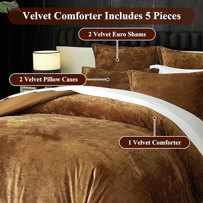 Ivellow Crushed Velvet Comforter Set Queen Lightweight Comforter 5pcs Ultra Soft Breathable Bedding Set Luxury Cozy Flannel Comforter Queen Size (1 Comforter,2 Pillow Shams, 2 Euro Shams)