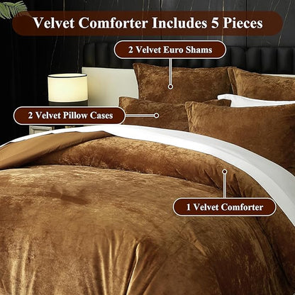 Ivellow Crushed Velvet Comforter Set Queen Lightweight Comforter 5pcs Ultra Soft Breathable Bedding Set Luxury Cozy Flannel Comforter Queen Size (1 Comforter,2 Pillow Shams, 2 Euro Shams)