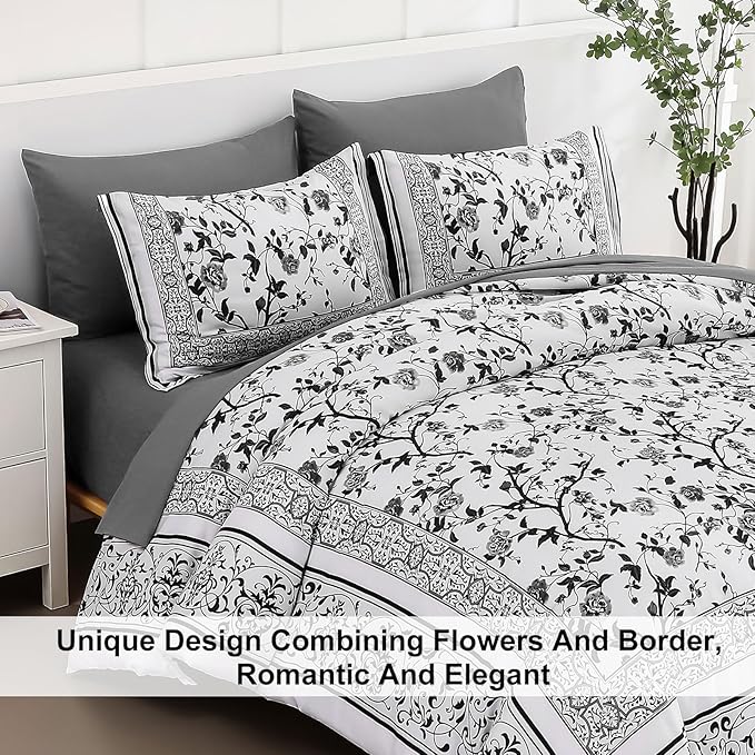 Dobuyly Floral King Size Comforter Set, Grey Flowers on White Botanical Bedding Set 7 Piece Bed in a Bag King, Soft Microfiber Bedding Comforter Sets with Sheets for All Season