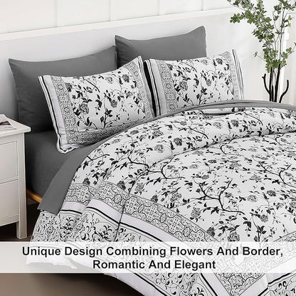 Dobuyly Floral King Size Comforter Set, Grey Flowers on White Botanical Bedding Set 7 Piece Bed in a Bag King, Soft Microfiber Bedding Comforter Sets with Sheets for All Season