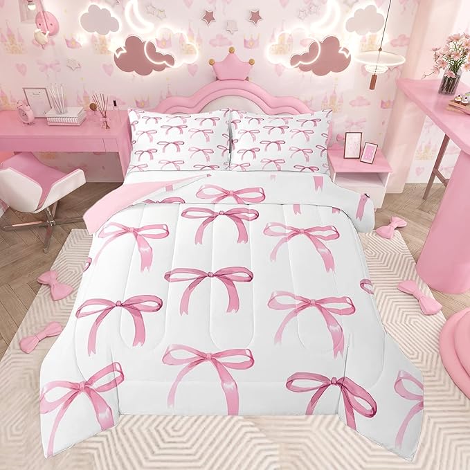 Feelyou Bow Bedding Set Boys Girls King Size Cute Bowknot Comforter Set for Kids Women Men Ultra Soft Pink Girls Bow Comforter Lovely Duvet Set