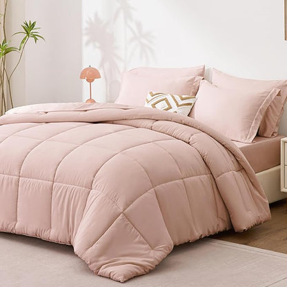Love's cabin California King Comforter Set Blush Pink, 7 Pieces California King Bed in a Bag, All Season Bedding Sets with 1 Comforter, 1 Flat Sheet, 1 Fitted Sheet, 2 Pillowcase and 2 Pillow Sham