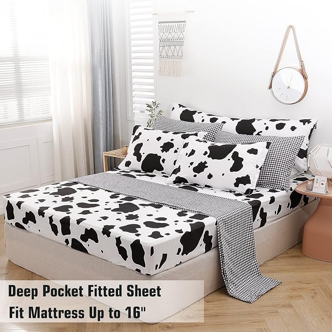 SUCSES King Size Cow Comforter Set 8 Pieces Black and White Bedding Set Cute Cowhide Bed in A Bag Soft Geometric Quilts (Cow Pattern, King Size)