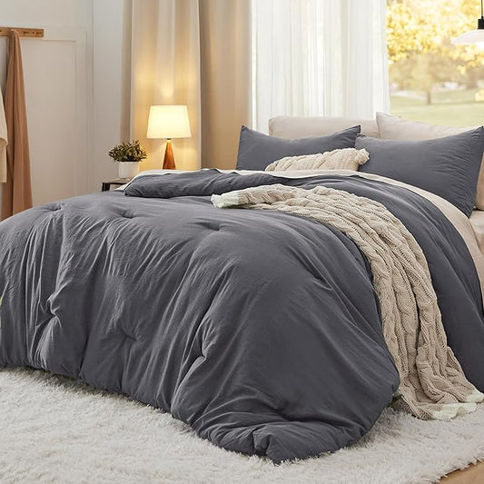 Bedsure Full Comforter Set, Dark Grey Soft Prewashed Bedding for All Seasons, 3 Pieces GentleSoft™ Bed Set, 1 Lightweight Comforter (82"x86") and 2 Pillowcases (20"x26")