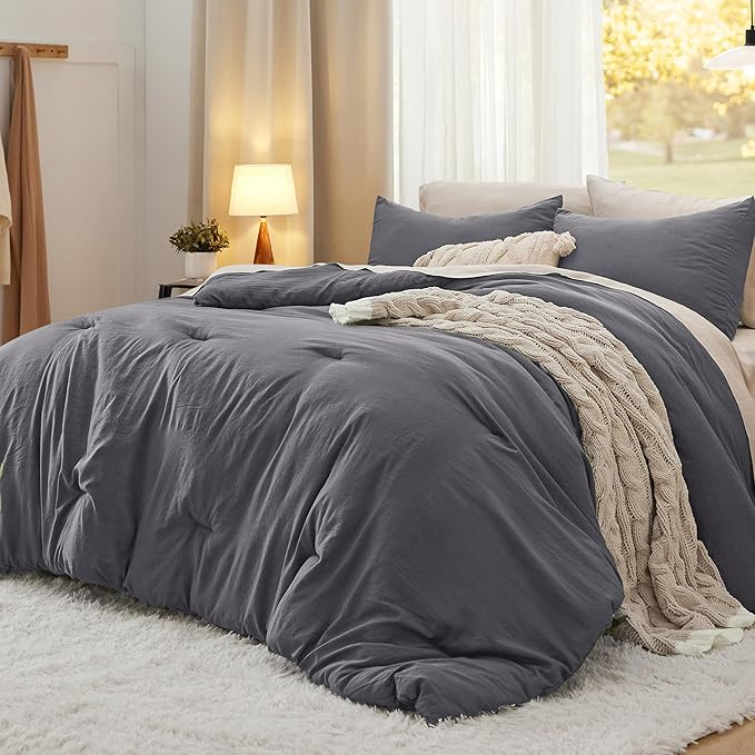 Bedsure Twin/Twin XL Comforter Set, Dark Grey Soft Prewashed Bedding for All Seasons, 2 Pieces GentleSoft™ Bed Set, 1 Lightweight Comforter (68"x88") and 1 Pillowcase (20"x26")