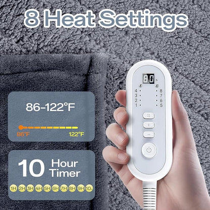 Full Size Electric Blanket Heated, Double-Sided Flannel＆Sherpa Heated Blanket with 8 Heat Levels & 10 Hours Auto Off, Fast Heating Blankets Machine Washable with ETL & FCC Certified,Light Grey