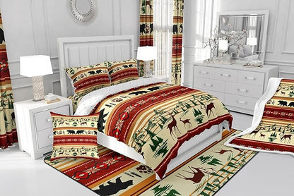 Feelyou Bohemian Deer Bedding Sets Queen Bear Wildlife Hunting Theme Comforter Cabin Decor Boho Western Duvet Insert for Adult Women Men Retro Boho Wildlife Down Comforter Geometric Quilt 3Pcs