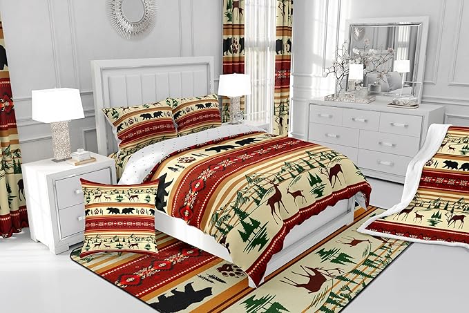 Feelyou Bohemian Deer Bedding Sets Full Bear Wildlife Hunting Theme Comforter Cabin Decor Boho Western Duvet Insert for Adult Women Men Retro Boho Wildlife Down Comforter Geometric Quilt 3Pcs