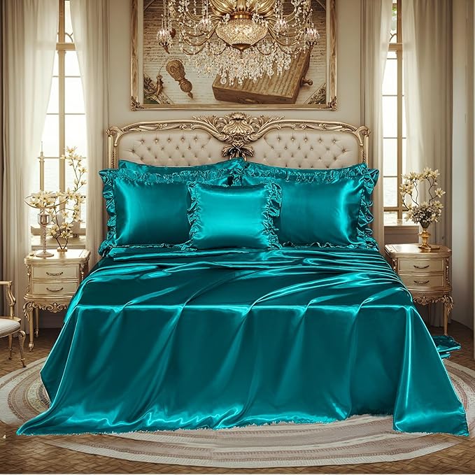 Silky Comforter Set with Sheet Set Queen 8 Pcs Peacock Green Bed in a Bag Green Bedding Set Silk Like Satin Ruffle Home Deocr Sexy Hotel Silky Bed Set with 1 Cushion Cover