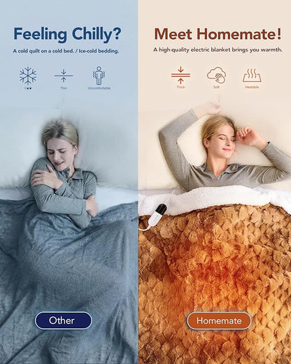 Homemate Heated Blanket Electric Throw - 50"x60" Heating Blanket Throw 4 Hours Auto-Off 10 Heat Levels Over-Heat Protection Luxury 800 GSM Faux Fur 200 GSM Sherpa ETL Certification