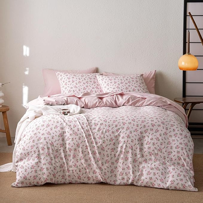 Wake In Cloud - Floral Comforter Set with Sheets, Coquette Cottagecore Aesthetic Flower Shabby Chic Pattern for Women Teen Girls, 7 Pieces Bed in a Bag, Pink, Full Size