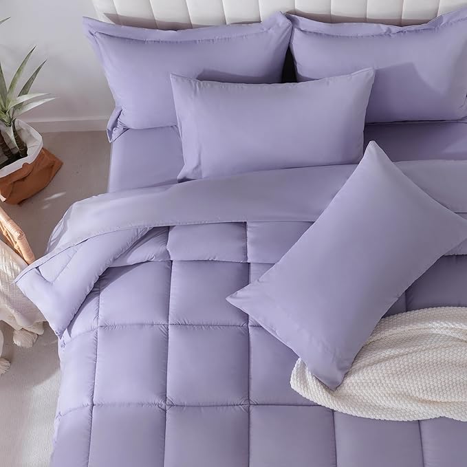 DOWNCOOL Queen Comforter Set, 7Pcs Bedding Sets Queen Purple, All Season Down Alternative Bed in a Bag Queen with Comforter, Flat Sheet, Fitted Sheet, 2 Pillow Shams & 2 Pillowcases