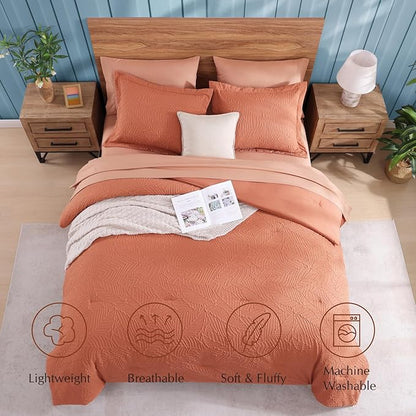 Geniospin King Size Comforter Set - 7 Pieces Burnt Orange Bedding Set, Botanical Textured Comforter Set, All Season Lightweight Bed in a Bag with Comforter, Sheets, Pillowcases & Shams
