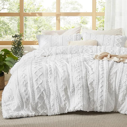 Bedsure Tufted Boho Comforter Set King Size - Bright White Boho Bed Set, GentleSoft™ 3 Pieces Farmhouse Shabby Chic Embroidery Bedding, Gifts for Woman, Soft Jacquard King Comforter for All Seasons